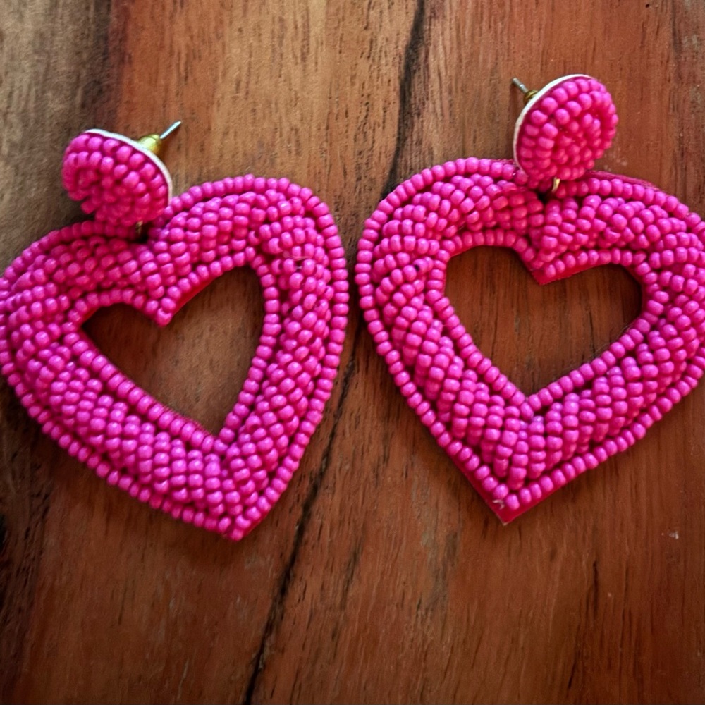 Pink Beaded Heart Earrings